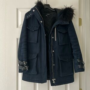 The Kooples quilted fox fur trimmed navy jacket